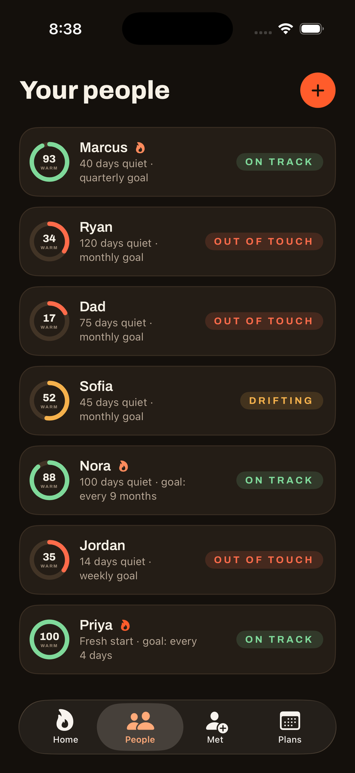 VESTAL iOS app people list: each friend or family member shows a warmth meter ring and a status pill (on track, drifting, or out of touch), with how many days it has been and the contact rhythm you set.